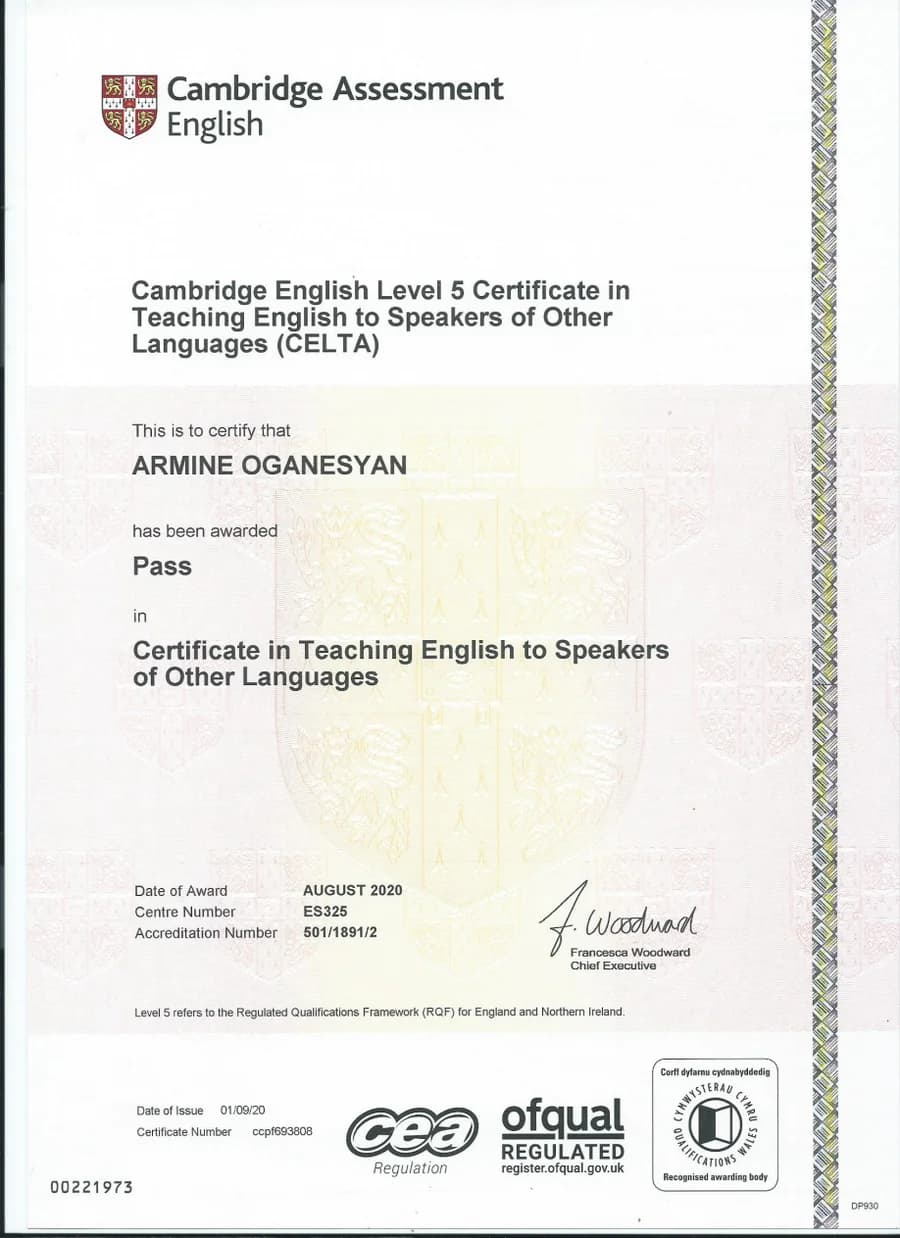 Cambridge CELTA certificate